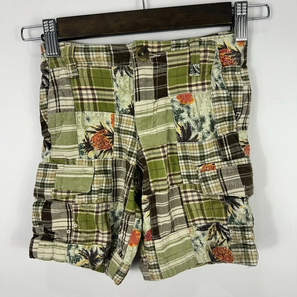 Old‎ Navy Cargo Shorts Toddler Boys 4T Green Patchwork Plaid Tropical Pineapple